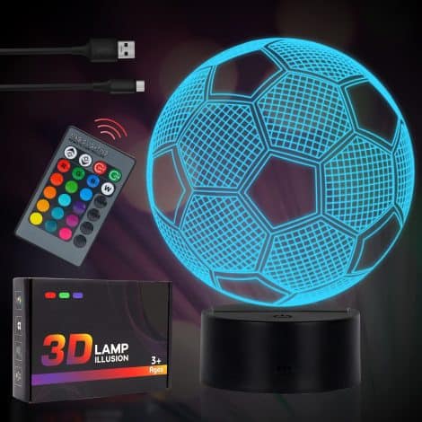 Celecstan Fußball Nachtlicht für Kinder: Täuschungs-Lampe, 3D-Effekt, 16 Farben, inklusive Fernbedienung. Perfektes Geschenk für Jungen und Mädchen.