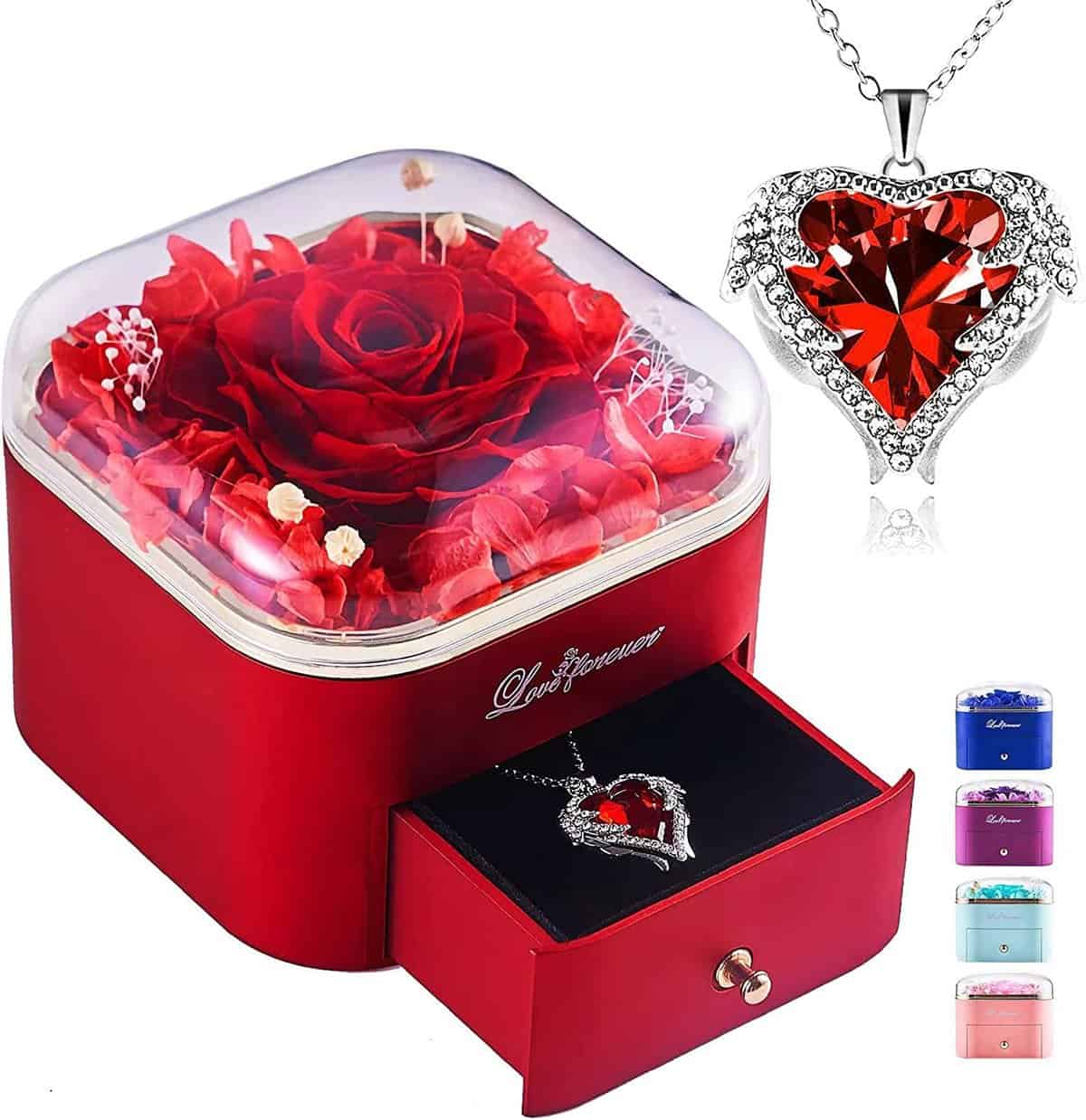 Echte Ewige Rose mit Halskette Schmuck Geschenkbox, Konservierte Blumen Rosen Box, Frauen Romantisch Rose Geschenk, Valentinstag Hochzeitstag Muttertag Geburtstag Geschenk für Mutter Ehefrau Freundin