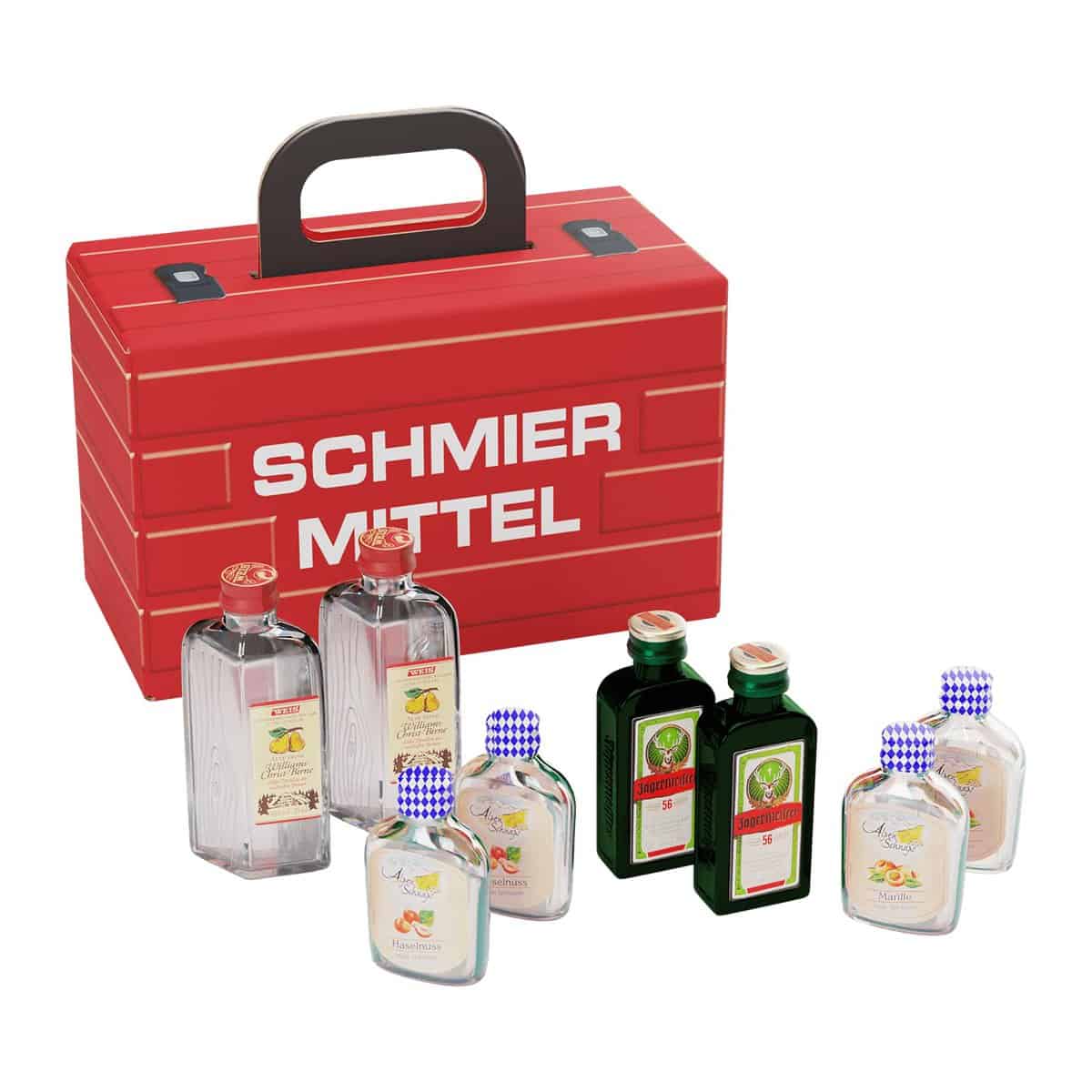 Schmiermittel Alkohol-Geschenk für Männer und Frauen, Geschenkidee im Werkzeugkoffer, 8 Spirituosen, verschiedene Geschmacksrichtungen, Koffer, Werkzeug, Schnaps, Likör, Jägermeister, Marille, Willi