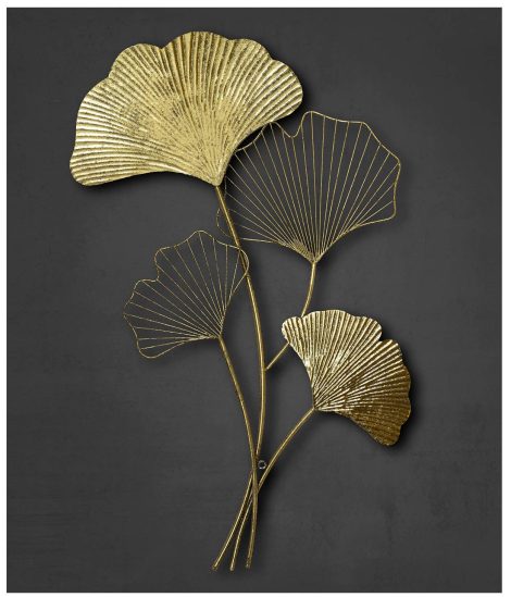 Metallisch glänzende 3D Wanddekoration mit goldenem Ginkgo-Design, perfekt als Wohnzimmerdekoration oder attraktives Weihnachtsgeschenk.