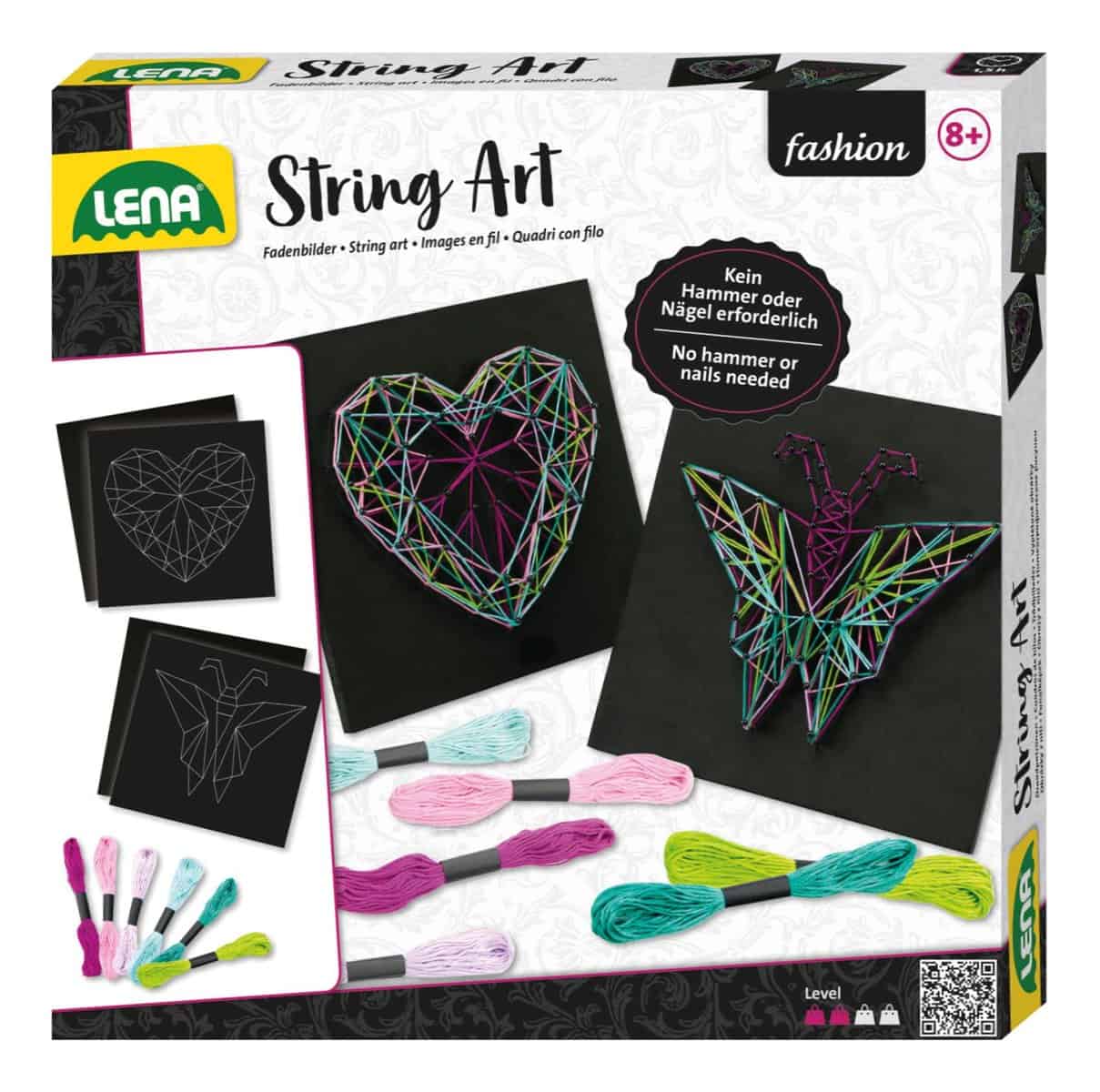 Lena 42650 - Bastelset String Art Schmetterling und Herz, Komplettset für 2 Fadenbilder, mit 2 Grundplatten, ca. 21, 5 x 21, 5 x 1 cm, Stecknadeln und 6 farbige Garnen, Set für Kinder ab 8 Jahre