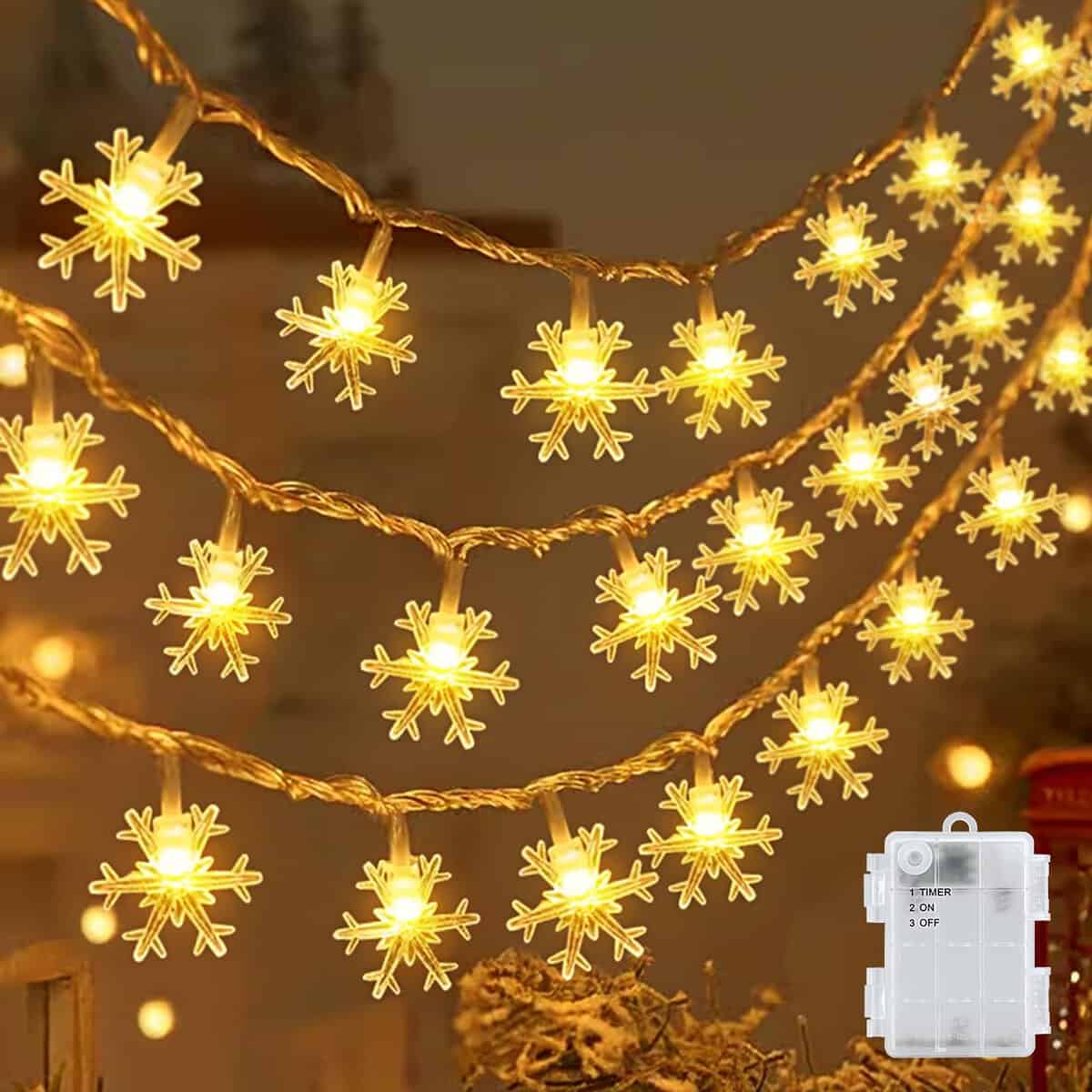 cshare Led Lichterketten Schneeflocke Außen, 6M 40LED Weihnachten Licht Batteriebetriebene Lichterkette mit Timer IP65 Wasserdicht für Jar Garten Camping Weihnachten Innen Außen Dekorationen,Warmweiß