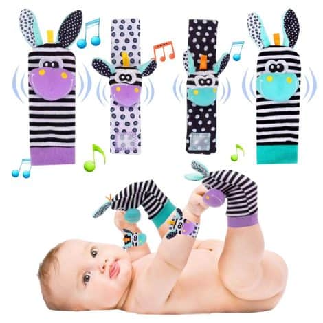 ACCEVO 4-teiliges Rassel-Babysocken-Set – ein fröhliches Geschenk für Babys zum Greifen und Spielen.