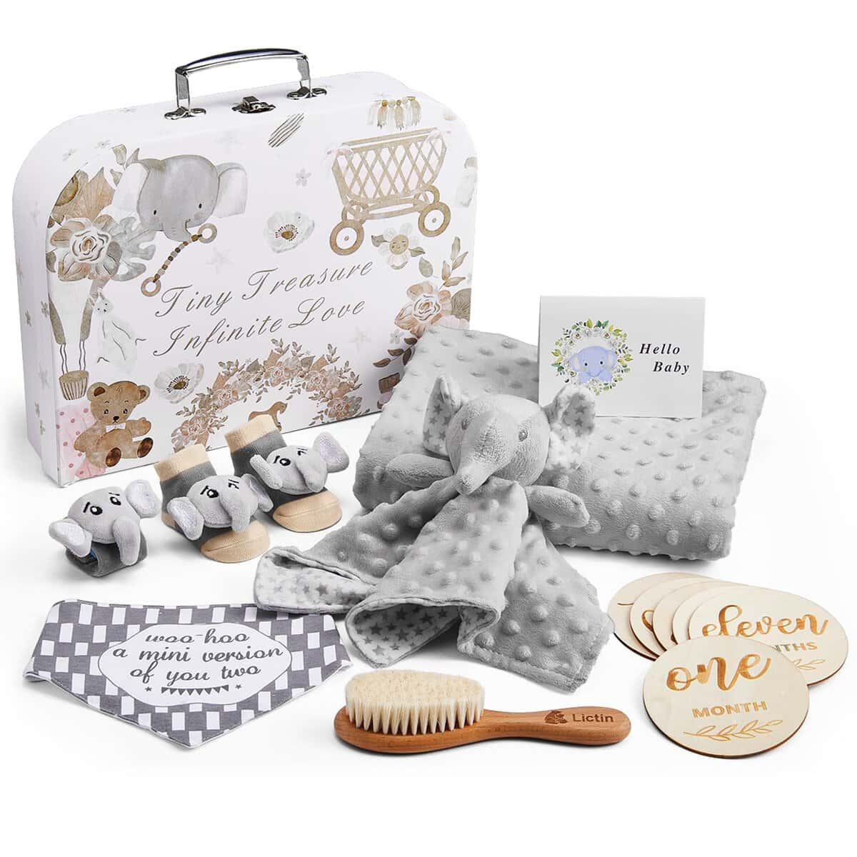 Lictin Baby Geschenke zur Geburt, 14 Stücke Neugeborenen Geschenk, Geschenk Set mit Babydecke, Baby-Sicherheitsdecke, Baby-Rassel Socken und Handgelenk, Baby-Lätzchen, Holzbürste und Meilensteine