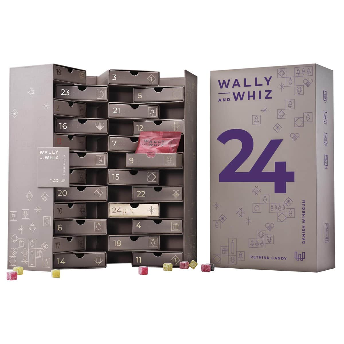 Wally and Whiz - Adventskalender 2023 - Dänische Gourmet Fruchtgummis – 12 Geschmack 25 Beutel mit Weingummi - Weihnachtskalender - Vegane und Glutenfrei - Naturliche Aromen und Farben - 275g