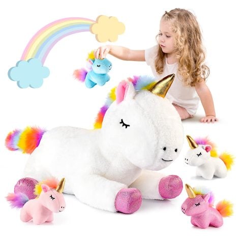 Einhorn Stofftier Set, niedliche Geschenke für kleine Mädchen, ab 3 Jahren, mit 5 Stück.