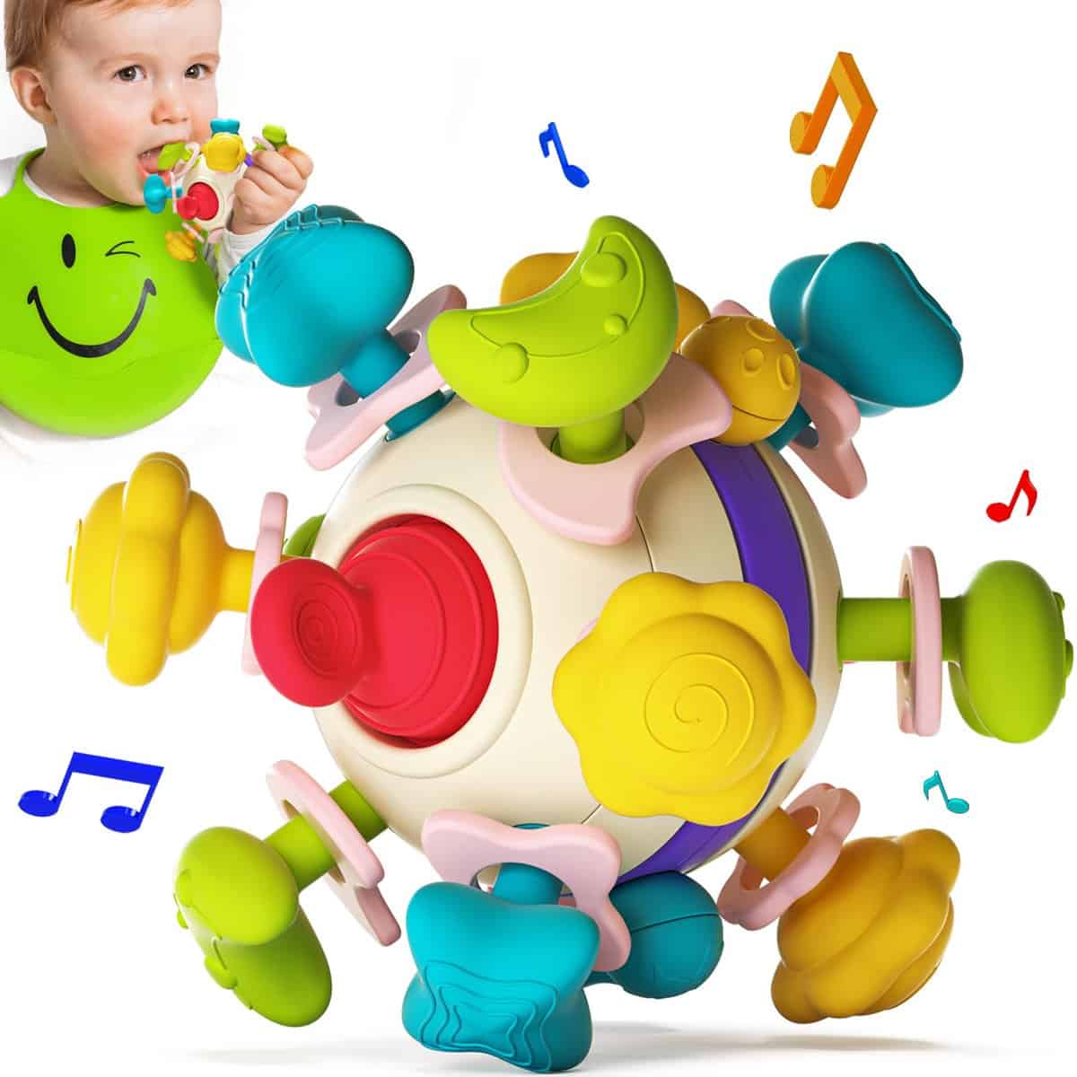 Beißspielzeug Baby aus Silikon, Motorik Greifball Babyspielzeug ab 0-6 Monate, Montessori Baby Rassel, Sensorik Geschenk für Babys 6-12 Monate