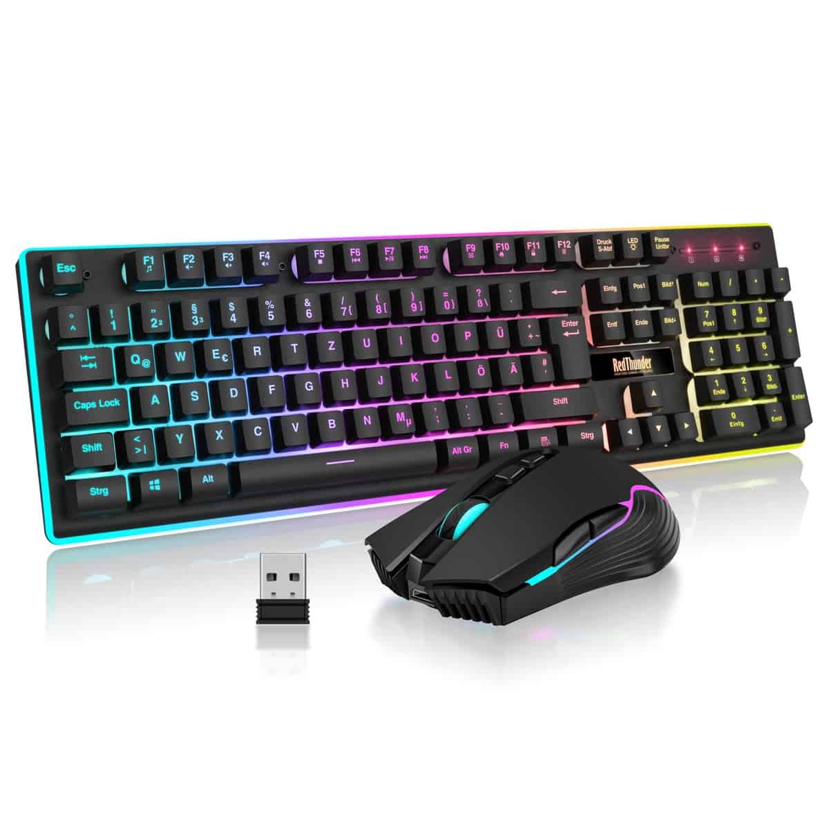RedThunder K10 Kabelloses Gaming Tastatur und Maus Set, QWERTZ DE Layout, 3000mA Batteriekapazität und 3200 DPI für Gamer(Schwarz)