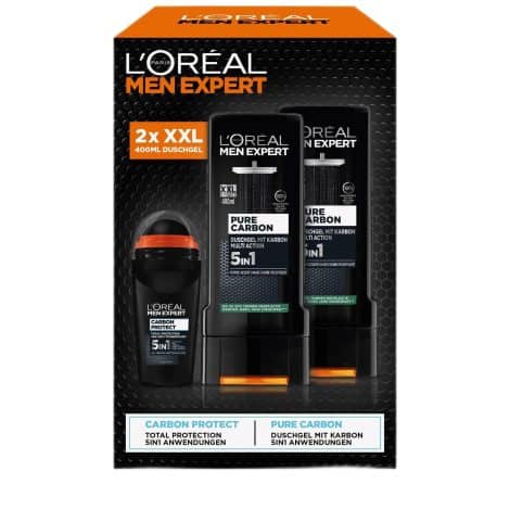 L’Oréal Men Expert Geschenkset für Männer mit 5-in-1 Deodorant und XXL 5in1 Duschgel für Haar, Körper und Gesicht, Vorteilspack mit Carbon Protect Deoroller und Pure Carbon Bodywash, 3-teilig.L’Oréal Men Expert Pflegeset für Männer: Deo und Duschgel in einem, mit Carbon Protect Deoroller und Pure Carbon Bodywash, 3-teilig.