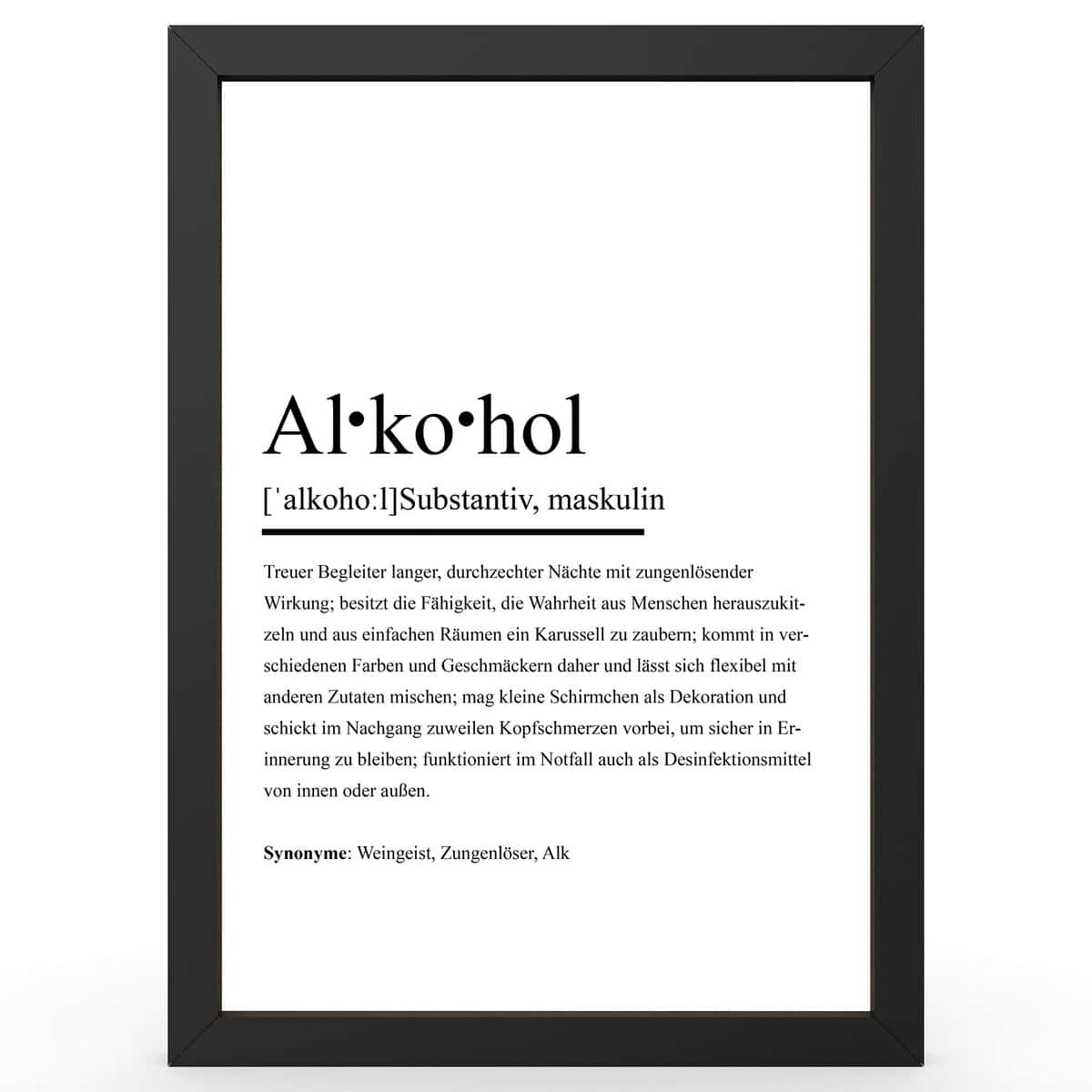 Urhome DIN A4 Kunstdruck Definition Alkohol inkl. Rahmen - Worterklärung wie im Duden Lexikon als Wanddeko Spruch-Poster Deko Wandbild mit Spruch gerahmt für Wohnung Familie Geschenk