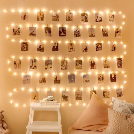 WOWDSGN Fotoclips Lichterkette mit 120 LEDs, 12 Meter lang, 100 Klammern und 30 Nägel. USB/Batteriebetrieben, ideal für Zimmer, Wand, Weihnachten, Hochzeit. Warmweiß.