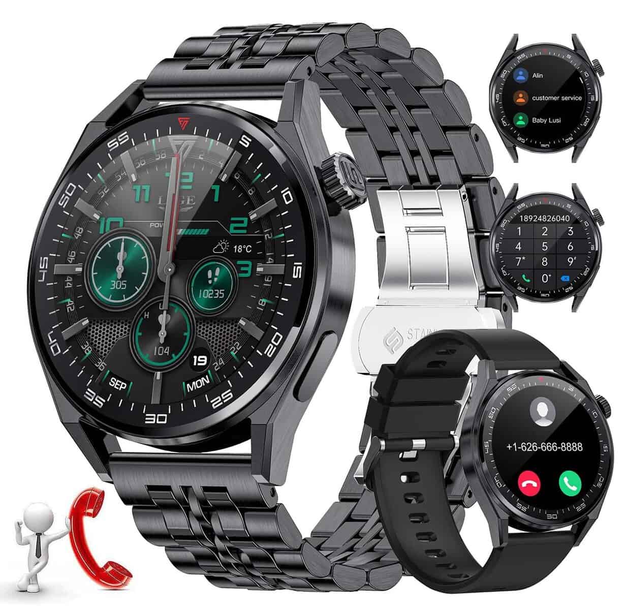 LIGE Smartwatch Herren mit Telefonfunktion, 100 Sportmodi Outdoor Sportuhr 1.39 Zoll Touchscreen IP68 Wasserdicht für Android iOS mit Herzfrequenzmonitor SpO2 Schlafmonitor 360mAh Schwarz