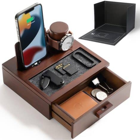 Männer Nachttisch Organizer – Holz Handy Ladestation mit Uhrenhalter – Docking Station und Schreibtisch Organizer Holz – Geschenk für Männer, Sohn, Freund.