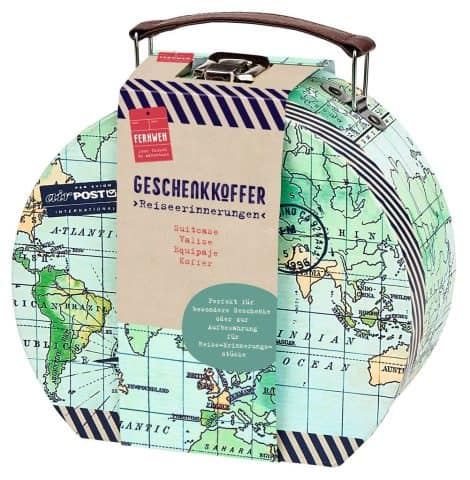 Geschenkkoffer für Reiseerinnerungen mit Mini-Koffer zur Aufbewahrung von Geldgeschenken und Reisegutscheinen, Retro-Weltkarten-Design.