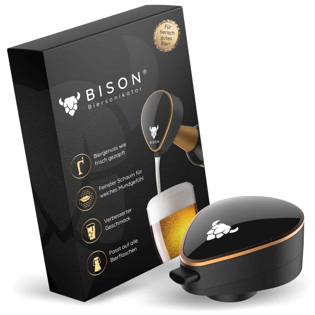 BISON Biersonikator | Ultraschall Flaschenaufsatz für Bier wie frisch gezapft | Geschenk für Männer, Schwarz-gold