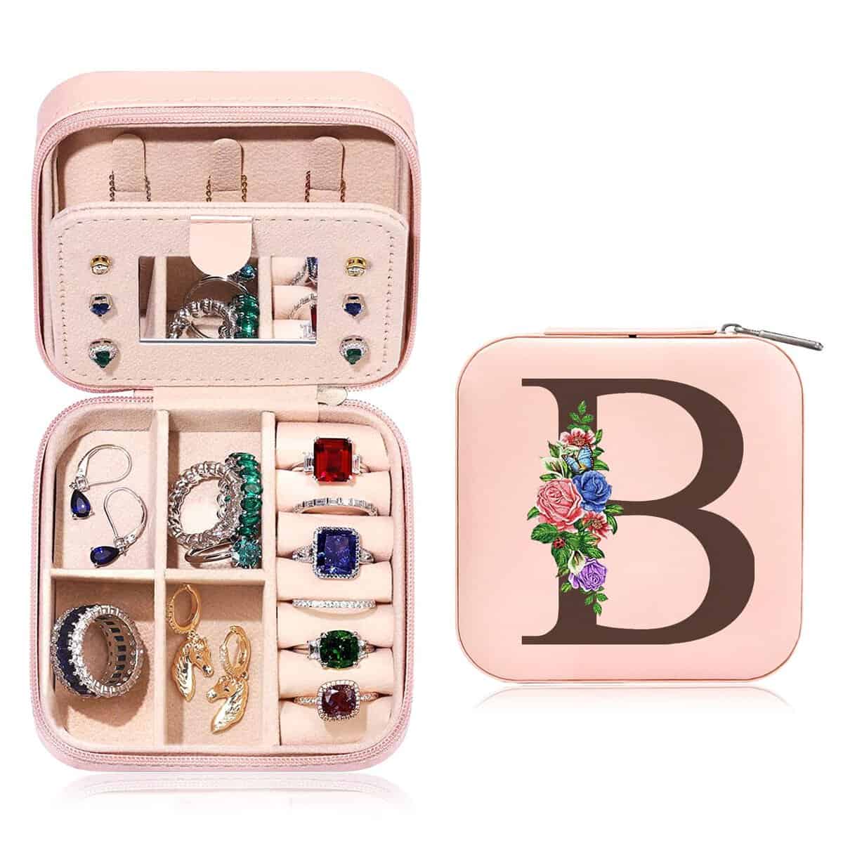 Initiale Schmuckkästchen Kleine Schmuckkästchen mit Namen Initiale B und Blume Schmuckkästchen Travel Organizer Box mit Spiegel für Damen Mädchen Geschenk für Geburtstage, Weihnachten, Muttertag