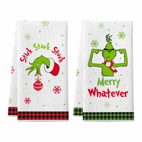 Grinchs Weihnachtsküchentücher, 2er Pack fröhliche Geschirrtücher, Grinchs Badhandtücher, Grinchs Weihnachtsdekorationen, niedliche Xmas-Geschenke für Frauen und Männer.