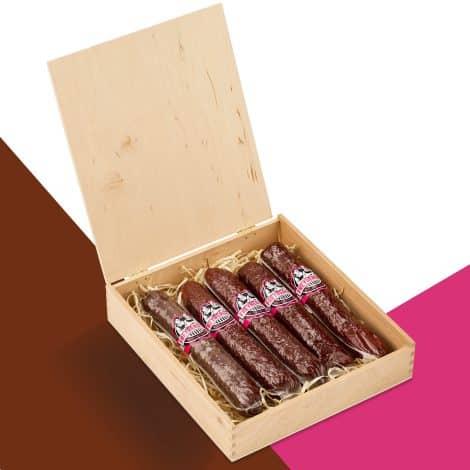 Salami Wurst Snack von Metzgermeister Freyberger in Holzkiste | exklusive Geschenkbox | Nürnberger Wurst & Fleischgeschenke | lustiges regionales Fleisch-Geschenk