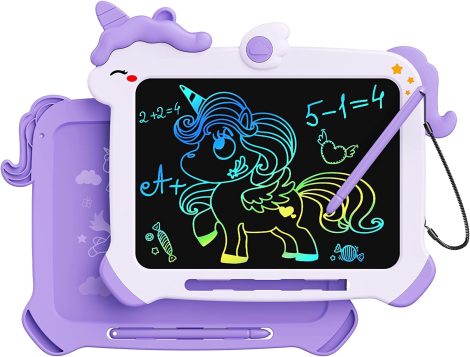 Lila LCD-Schreibtafel mit Einhorn-Design für Mädchen: Spaß, kreatives Lernspielzeug für unterwegs oder als Geburtstagsgeschenk.