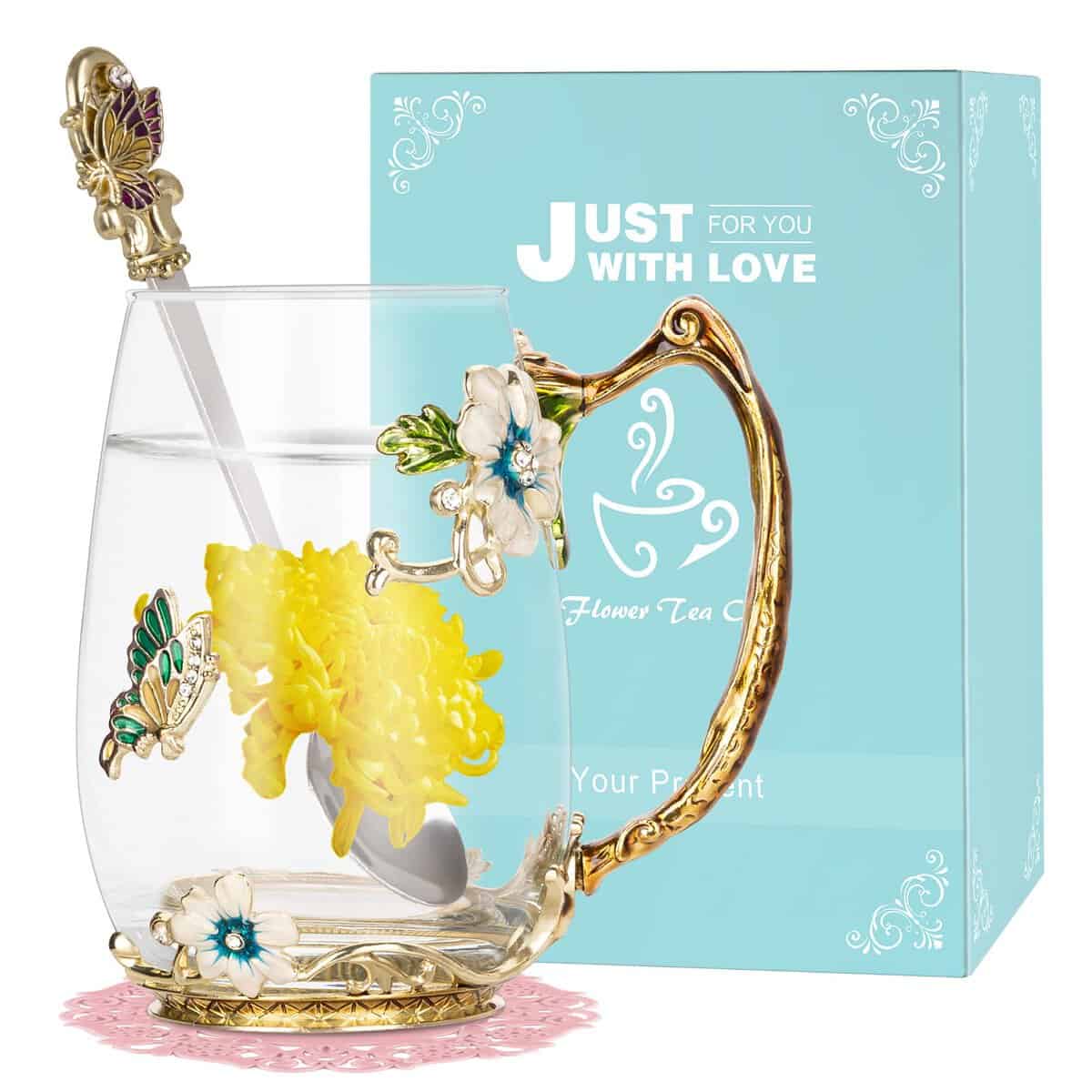 Wisolt Frauen Geschenk, Geschenke für Mama, Frauen Geschenk Weihnachten, Oma Geschenk, Schwiegermutter Geschenke, Geschenke für Freundin, Emaille Glas Blume Teetasse Kaffeebecher mit Löffel Set