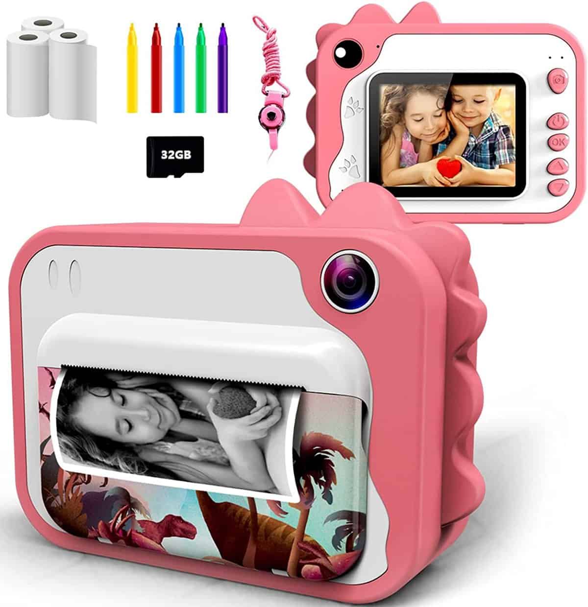 KinderKamera,DigitalKamera Sofortbildkamera Print 1080P 2.4 Zoll Bildschirm Videokamera Schwarzweiß Fotokamera mit 32GB Speicherkarte,3 Rollen Druckpapier,5 Farben Pinselstift Geschenk für Kinder