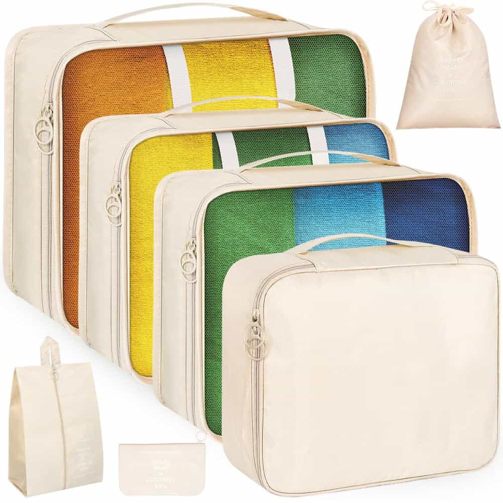 Koffer Organizer Set Packing Cubes - Aucenix Packwürfel Kofferorganizer Packtaschen für Koffertaschen Rucksack Reise Organizer Koffer Set, Travel Suitcase Kleidertaschen Bag 7 Stück (Beige)