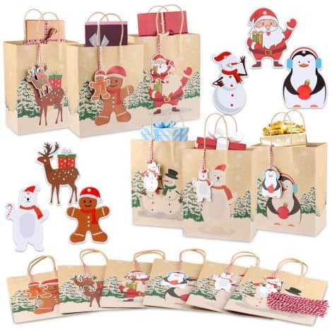 Weihnachtliche Geschenktaschen-Set mit Etiketten und Griff für Präsente, Kekse und Partybedarf. 24 Stück.