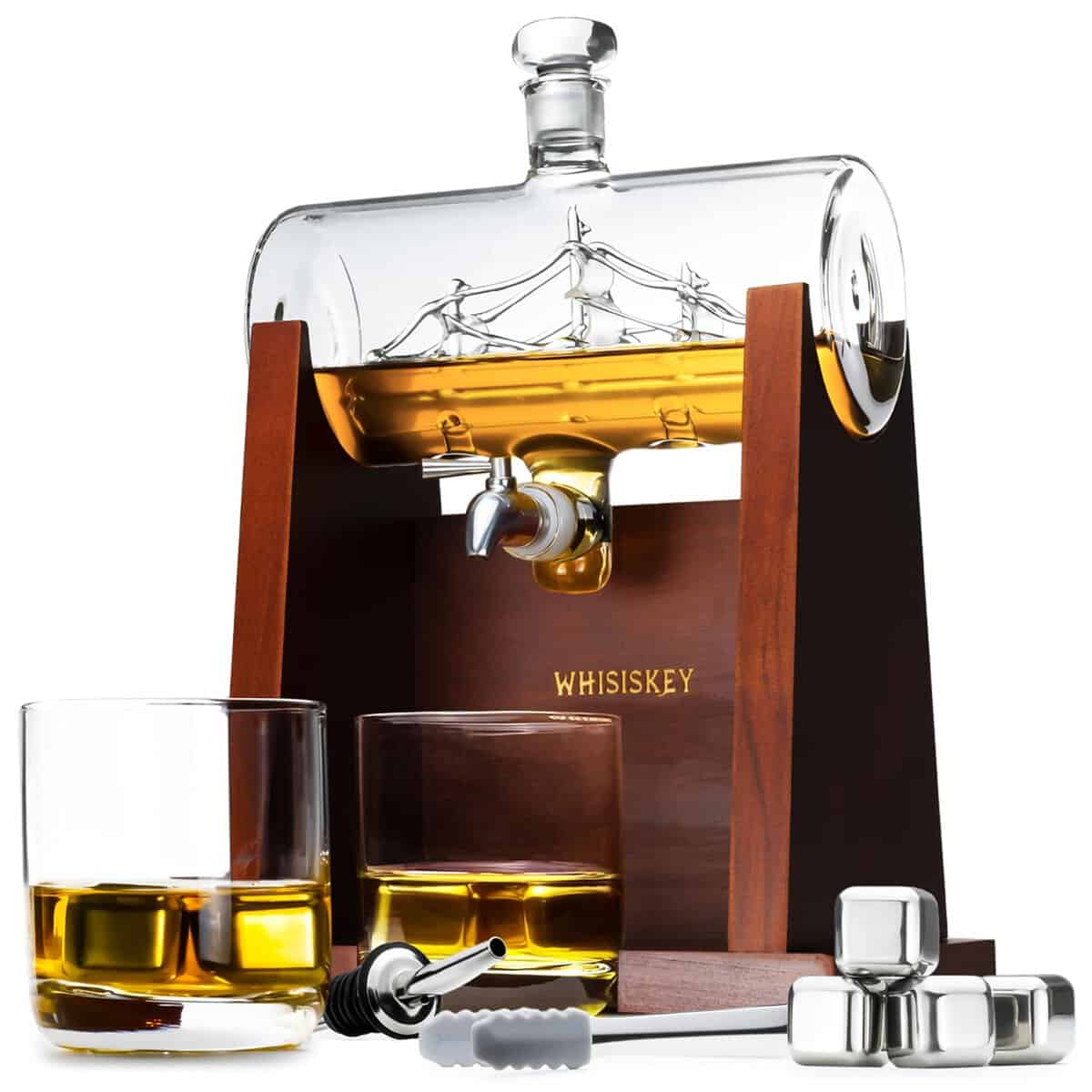 Whisiskey - Whisky Karaffe - 1000 ml - Geschenkset Herren - Luxuriöses Whiskey Set - Geschenk zum Vatertag - mit 4 Whiskysteinen, Ausgießer, Zapfhahn und 2 Whiskygläsern -1L