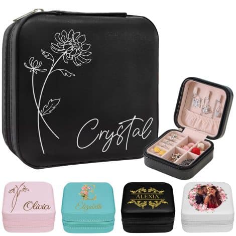 Personalisiertes Reise-Schmuckbox mit Geburtsblumenmotiv für Frauen, individueller Name, Leder, perfektes Geschenk für Hochzeit und Geburtstag.