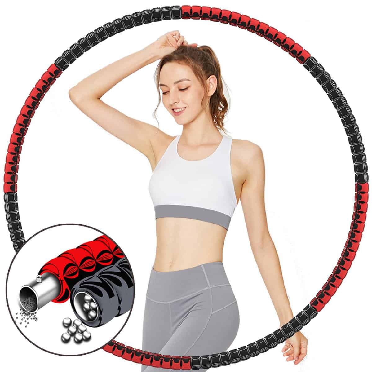 TvvaaFog Hula Reifen Hoop für Erwachsene & Kinder, Verbesserte Version 6-8 Abschnitt Abnehmbares Design, Fitness Exercise Reifen zur Massage, mit Geschenk Springseil (Rot+Grau)