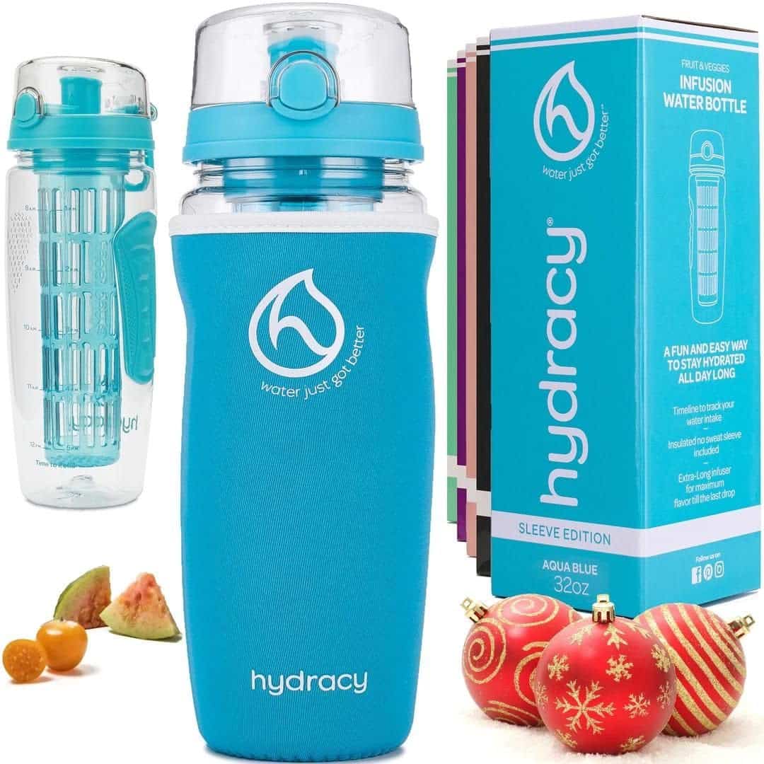 Hydracy Trinkflasche für Fruchtschorlen 1L -Sport Wasserflasche mit Zeitmarkier Langem Infuser und Isolierhülle -Detox Sportflasche +27 Köstlichen Rezepten Aufgegossenes Wasser eBook Geschenk - Aqua