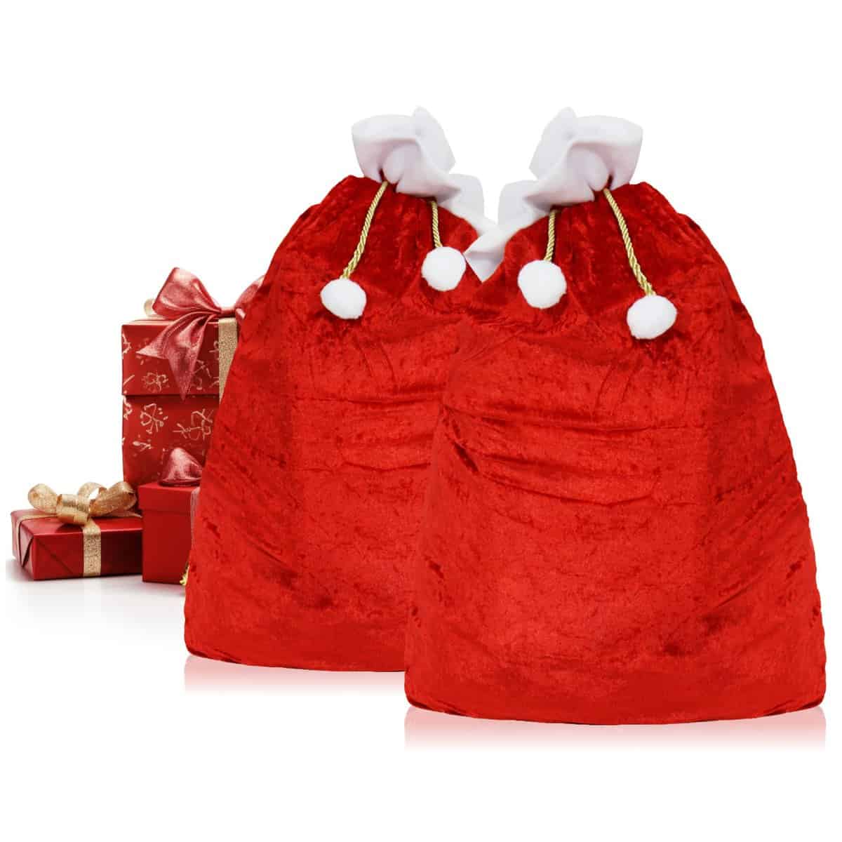 com-four® 2x Edler XXL Weihnachtssack aus Samt mit Kordel und Bommeln - Geschenksack für Weihnachten - Nikolausbeutel zum Befüllen für Weihnachtsmannkostüm & Dekoration (2 Stück - goldfarbene Kordel)