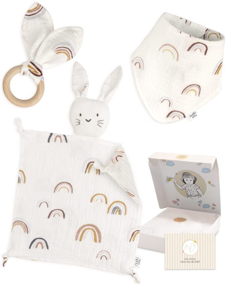 nudu Baby – Geschenkset für Jungen mit kuscheligem Tuch, Sabberlätzchen und Beißring aus 100% Baumwolle. Farbenfrohes Regenbogen-Design.