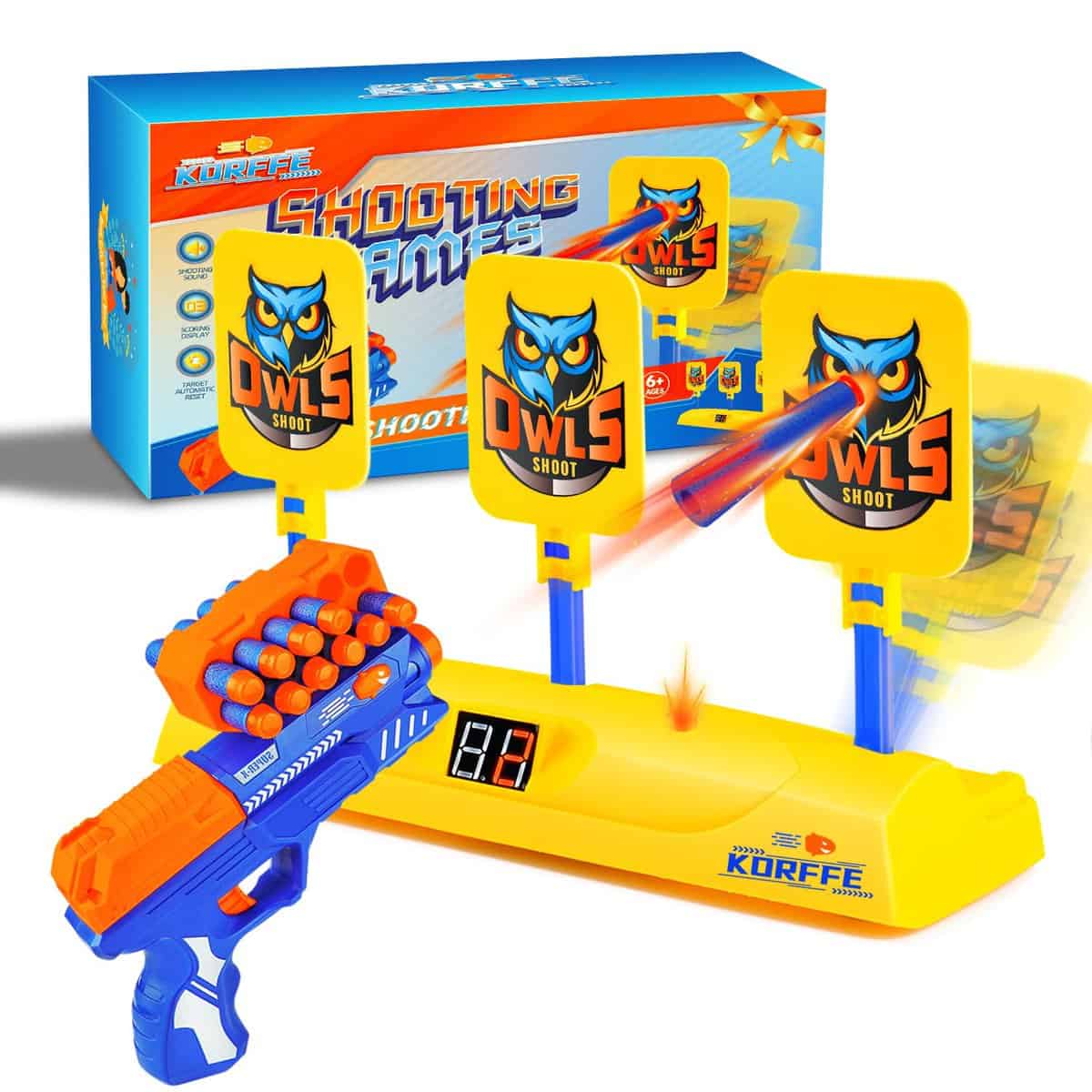 Korffe Spielzeug Pistole für Nerf Zielscheibe, Intelligentes Automatisches Zielgerät Geschenke Spielzeug für 6 7 8 9 10 Jahre Kinder Junge Weihnachten Geburtstags Indoor & Outdoor Spiele für Kinder