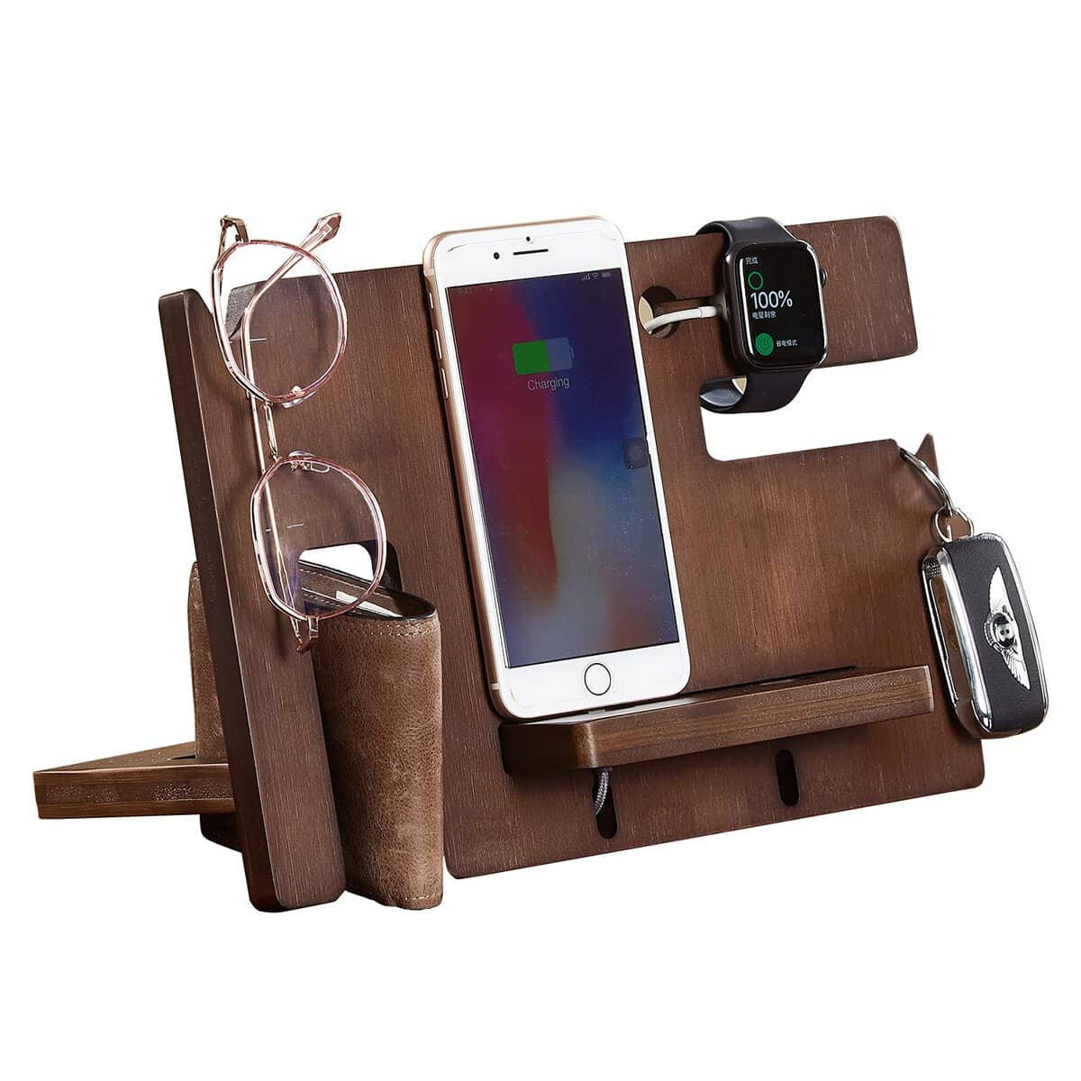 SOOMME Holz Telefon Dockingstation Schlüsselhalter 2022 Brieftasche Ständer Uhr Organizer Männer Geschenk Ehemann Jahrestag Papa Geburtstag Nachttisch Geldbörse Vater Abschluss männliche Reise Gadgets