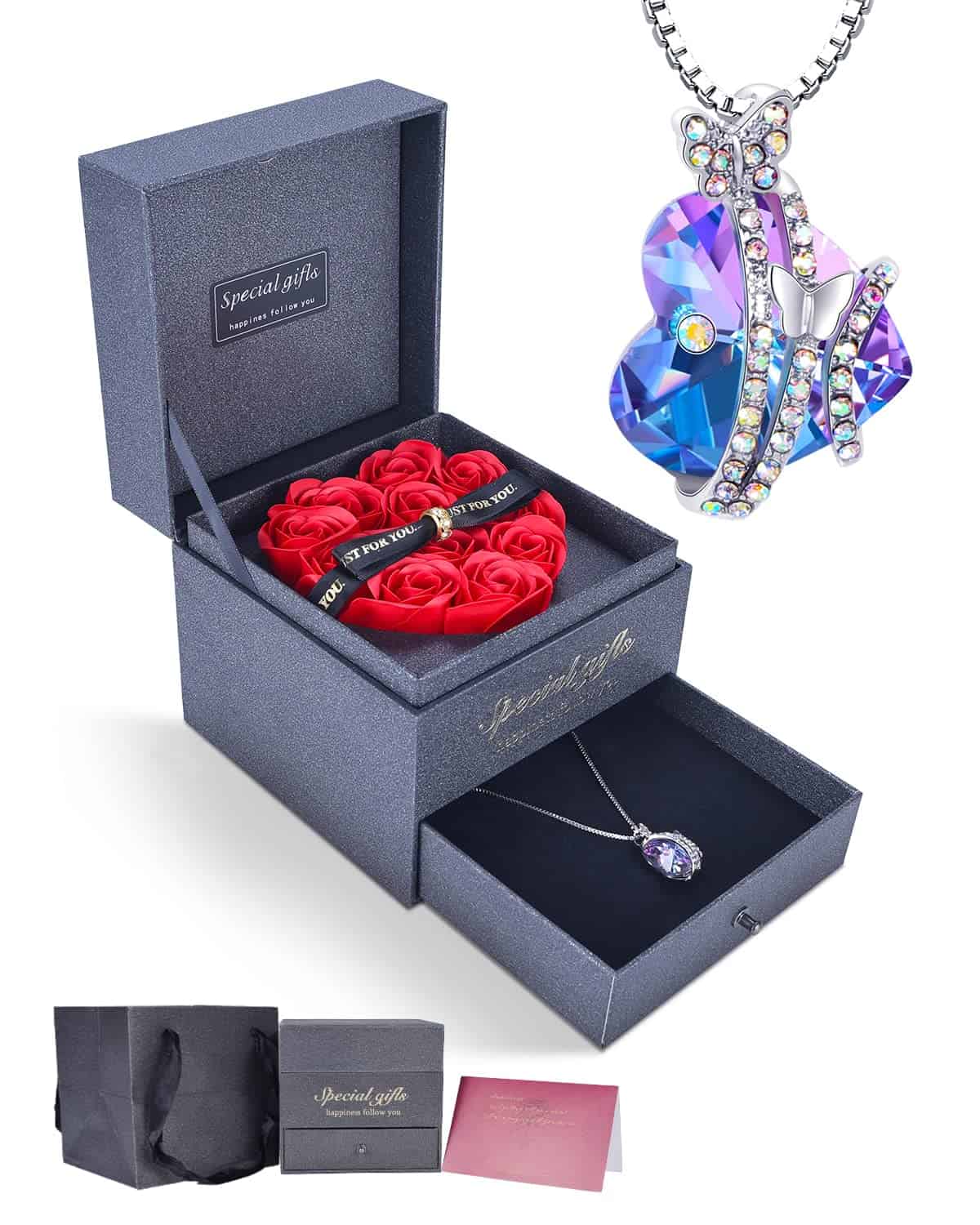 IMMORROSA Ewige Rose mit Kristall Schmetterling Halskette, Konservierte Rose Box mit Halskette, Geschenk mit Verpackung, Geburtstagsgeschenk für Frauen, Mama, Valentinstag, Geburtstag, Weihnachten