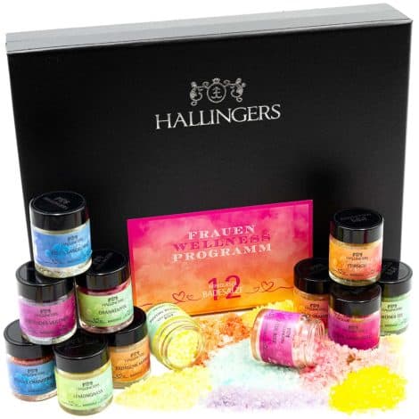 Hallingers 12-teiliges Geschenkset mit Totes Meer-Salzen (420g) für ein entspannendes Wellness-Erlebnis für Frauen zu Weihnachten 2023.