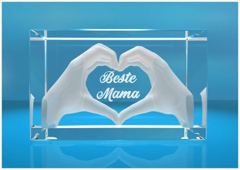 VIP-LASER 3D Glas mit graviertem Herz aus zwei Händen und Text “Beste Mama!” – Tolles Geschenk für Muttertag und Geburtstag.