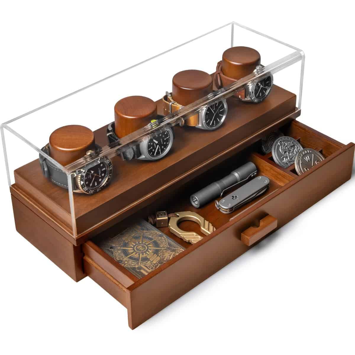 Uhrenvitrine Uhrenständer - Weihnachtsgeschenke für Männer, Papa, Ehemann - Holz Herrenuhrenkasten Uhrenbox Organizer für Männer Uhrenboxen - Display und Schublade für Accessoires - Geschenke für Ihn