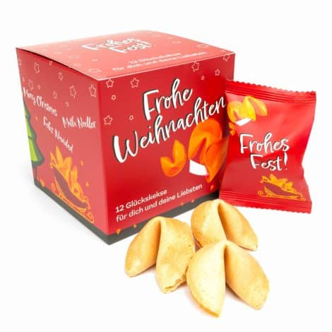 Glückskekse Weihnachten, 12er Pack, Lebkuchen-Geschmack, süße Weihnachtssüßigkeiten, Adventskalender-Füllung mit deutschen und englischen Sprüchen, vegan, in Deutschland hergestellt