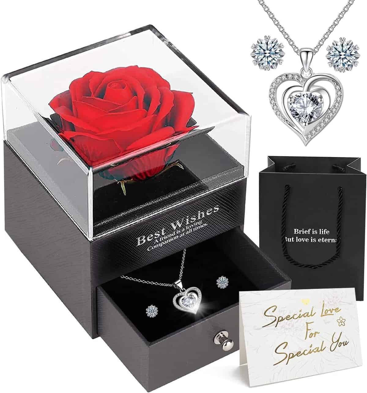 sopalmy Handgefertigte konservierte Rosen mit Herz Halskette und Ohrringe, Ewige Rose Geschenke für Valentinstag Muttertag Hochzeit Thanksgiving Jahrestag Geburtstag, Geschenk für Frau