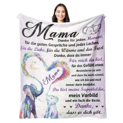 Weihnachtsgeschenke für Mama: Personalisierte Kuscheldecke, flauschige Elefanten-Decke aus Flanell, 157 x 132 cm.