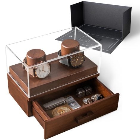 Holz Uhrenbox für 2 Uhren, ideales Geschenk mit Acryl-Abdeckung und Schublade, moderner Walnuss Uhrenkasten.