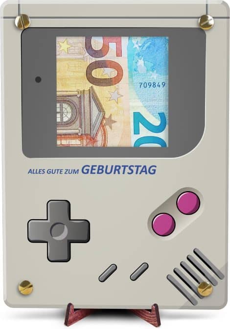 Retro-Spielekonsole – Großes Holzgeldgeschenk mit Ständer | Spiele-Deko, Geschenk für Jungen, Geschenke für Männer, Gaming- und Zocker-Geschenk.