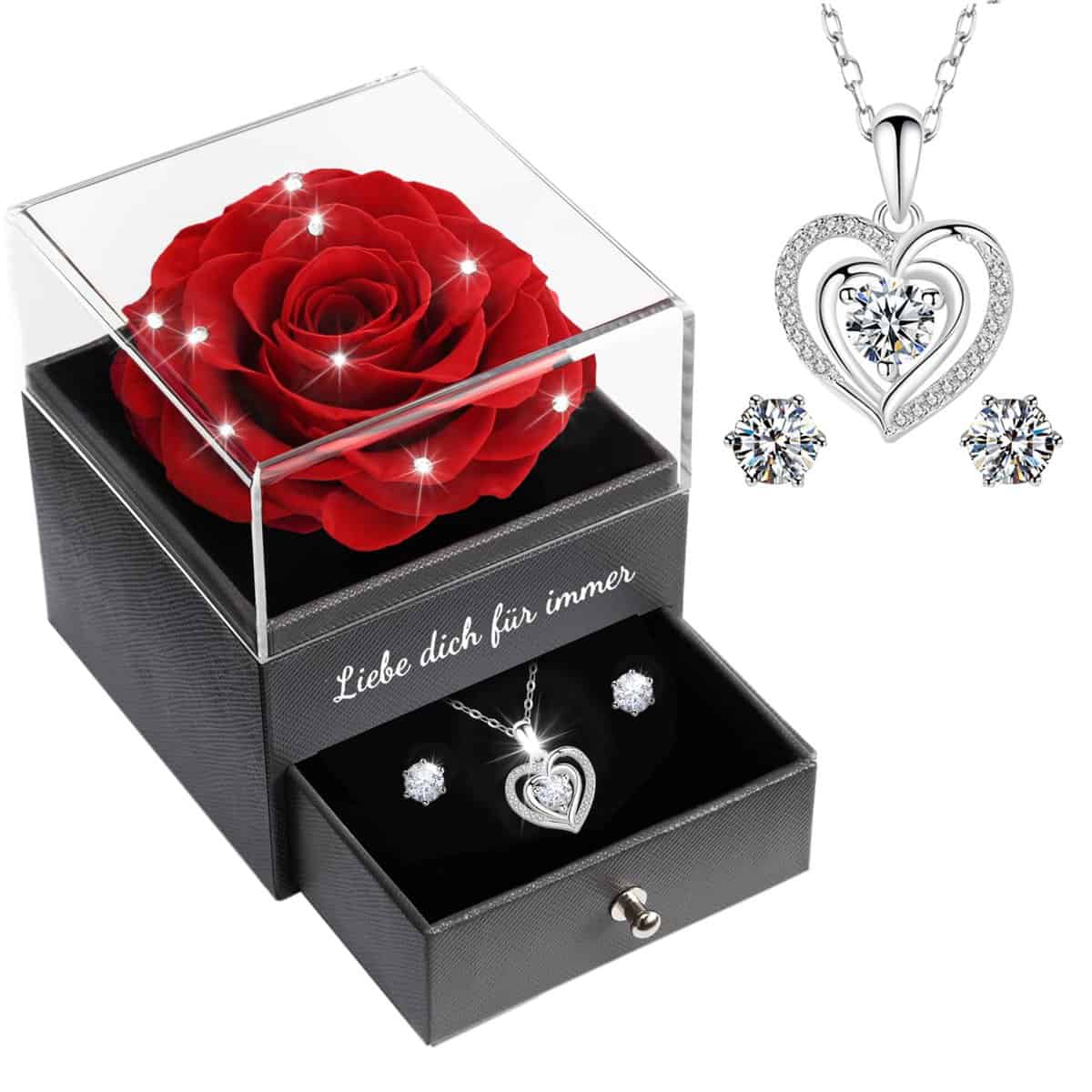 Sunia Ewige Echte Rose mit Herz Halskette und Ohrringe aus 925 Sterlingsilber, Handgemachte Ewige Rose Geschenke für Frauen Mama Oma,Konservierte Rose geben Valentinstag Muttertag,Ewige Rose mit Kette