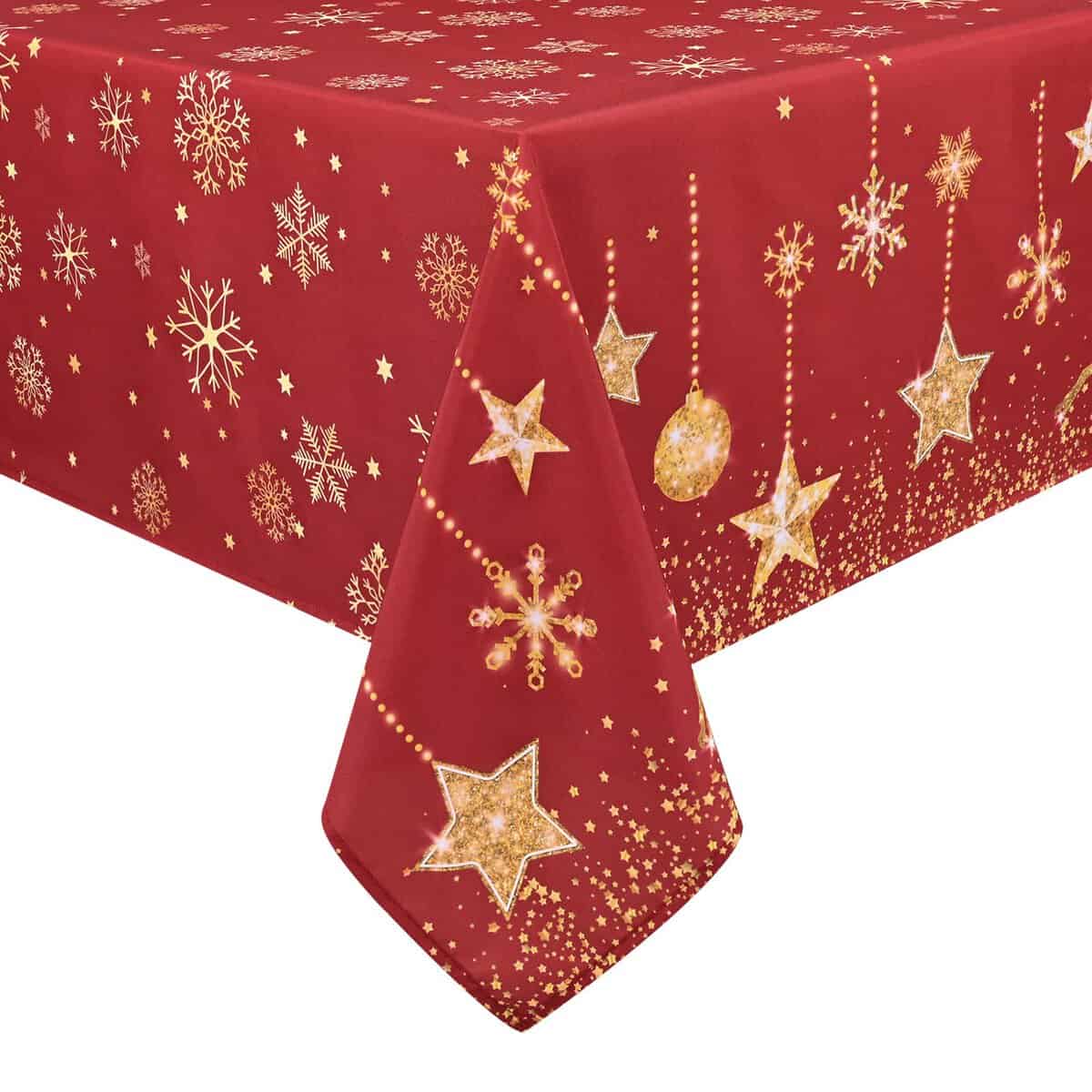 Yrendenge Weihnachts Tischdecke Rot Glänzend Schneeflocke Rentiere Sterne Tischdecke Abwaschbar Outdoor Tischdecke Rechteckig wasserdichte Winter Ferien Weihnachts Dekoration, Gold 140 x 200 cm