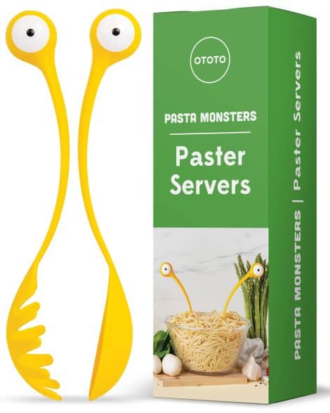 OTOTO Pasta Monster Spaghetti Besteck Salatbesteck – Witziges Küchenzubehör ohne schädliche Stoffe – Esslöffel & Gabel Set – Servierbesteck Salat & Pasta – 30 x 8,5 x 5,5 cm.