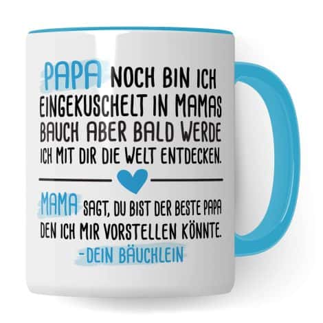 Tasse für werdenden Vater mit schöner Botschaft: “Jetzt bin Ich eingekuschelt in deinem Bauch.”