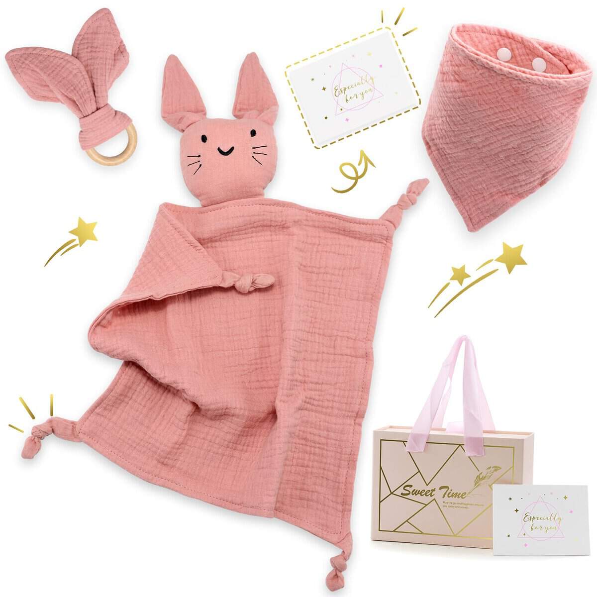 Feelhap Baby Geschenk Mädchen,Geschenke Zur Geburt für Mädchen Baby - Geschenkset, Neugeborenen Geschenk mit 100% Baumwolle Schmusetuch+Lätzchen +Beißring+Geschenkkarte (Rosa)