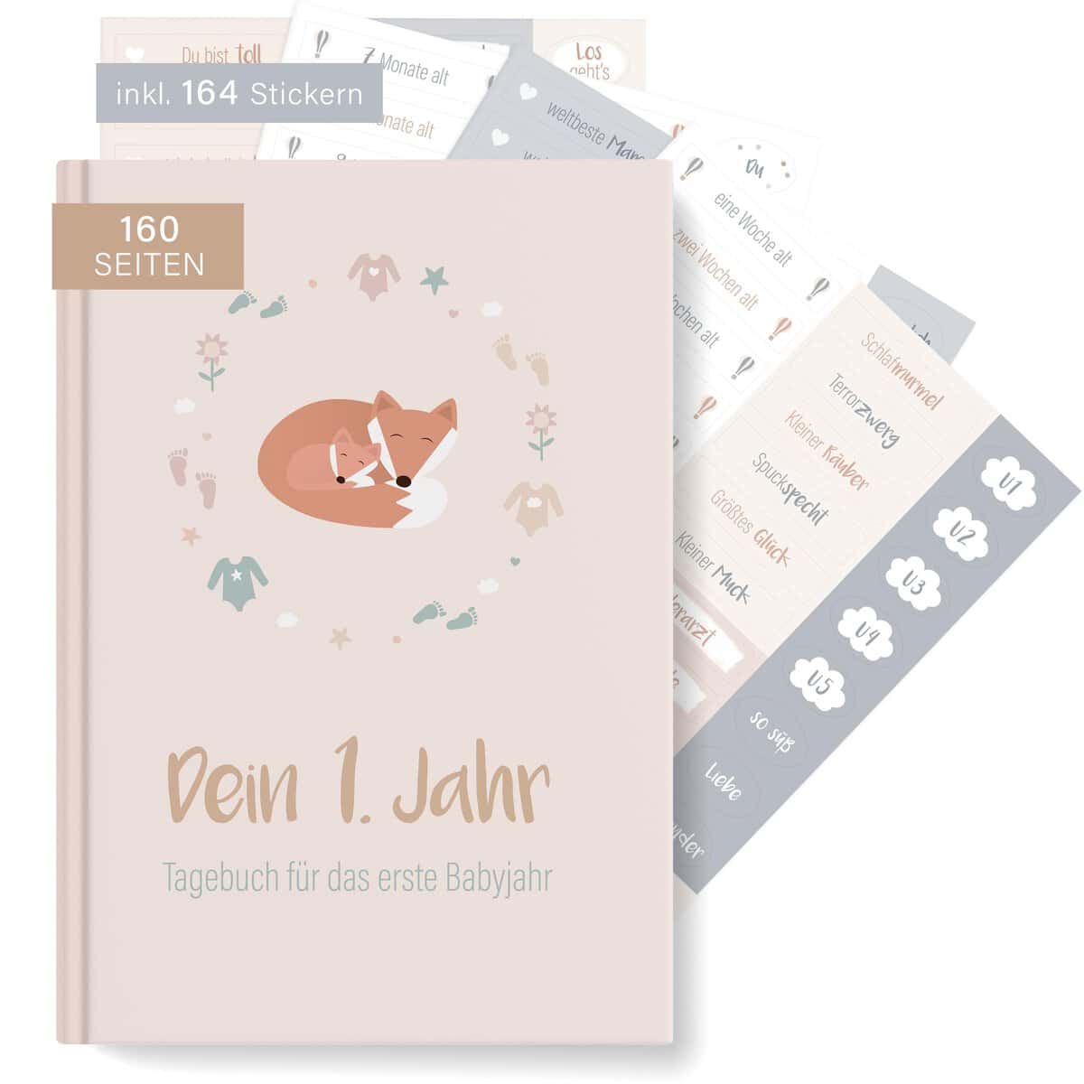 mintkind® Babyalbum "Dein erstes Lebensjahr" A5 Natur + Sticket Set | Baby Fotoalbum zum Selbstgestalten | Baby Geschenk für Mädchen und Junge | Babybuch zum Eintragen | Baby Buch ab 0 Monate